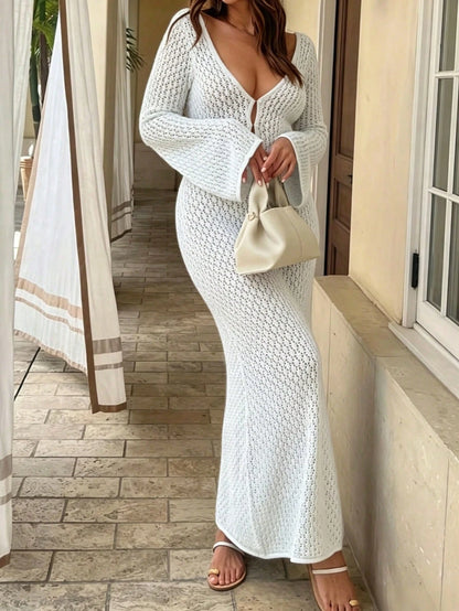 Plus Size Women's Long Sleeve Hollow Out Swimsuit Cover Up, Elegant Bohemian Beach Resort Style V-Neck Dress Vacation White Summer