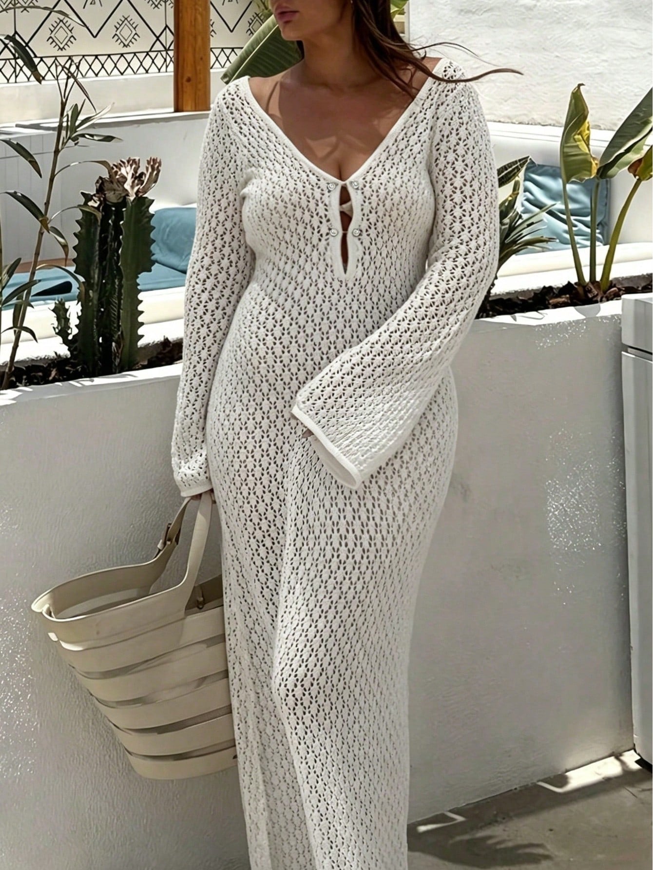 Plus Size Women's Long Sleeve Hollow Out Swimsuit Cover Up, Elegant Bohemian Beach Resort Style V-Neck Dress Vacation White Summer
