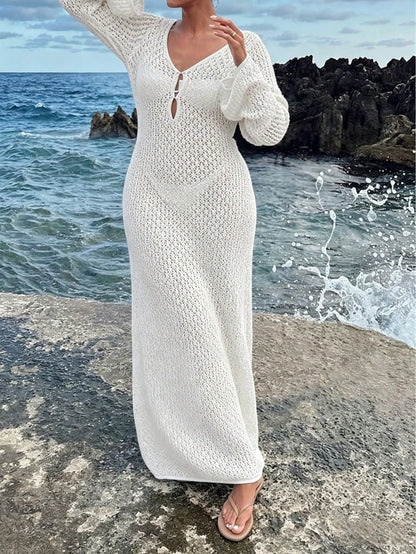 Plus Size Women's Long Sleeve Hollow Out Swimsuit Cover Up, Elegant Bohemian Beach Resort Style V-Neck Dress Vacation White Summer