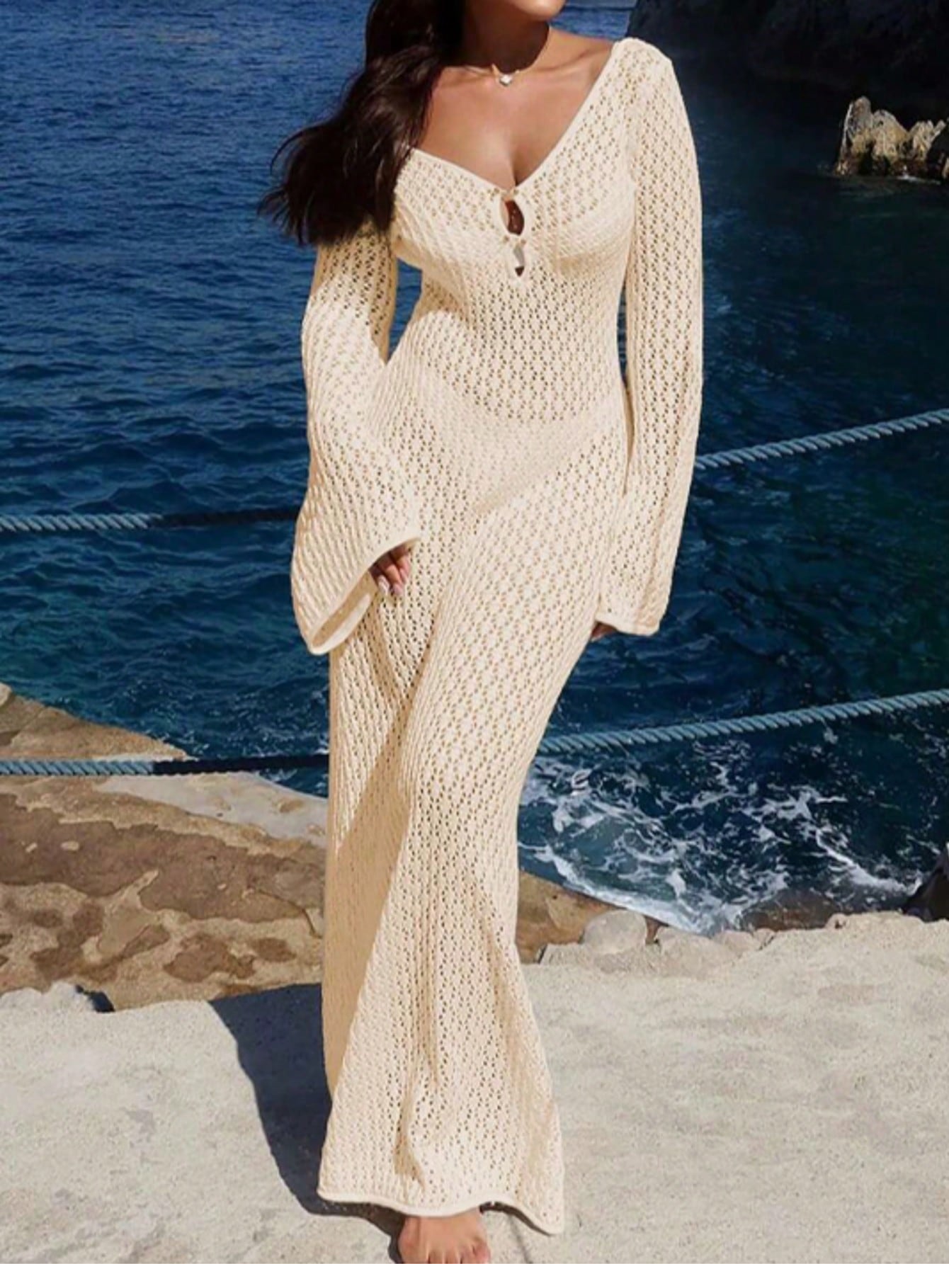 Plus Size Women's Long Sleeve Hollow Out Swimsuit Cover Up, Elegant Bohemian Beach Resort Style V-Neck Dress Vacation White Summer