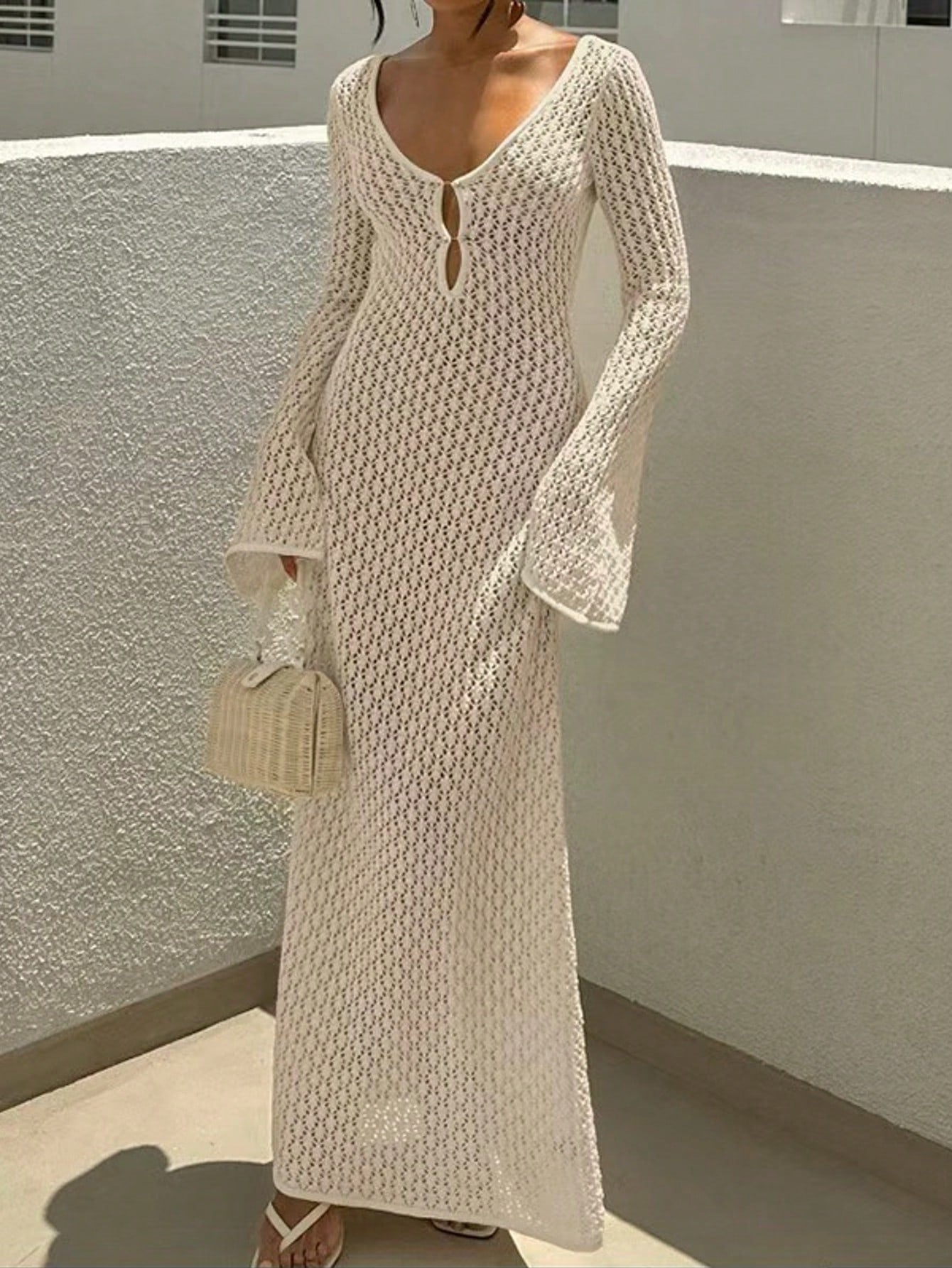 Plus Size Women's Long Sleeve Hollow Out Swimsuit Cover Up, Elegant Bohemian Beach Resort Style V-Neck Dress Vacation White Summer