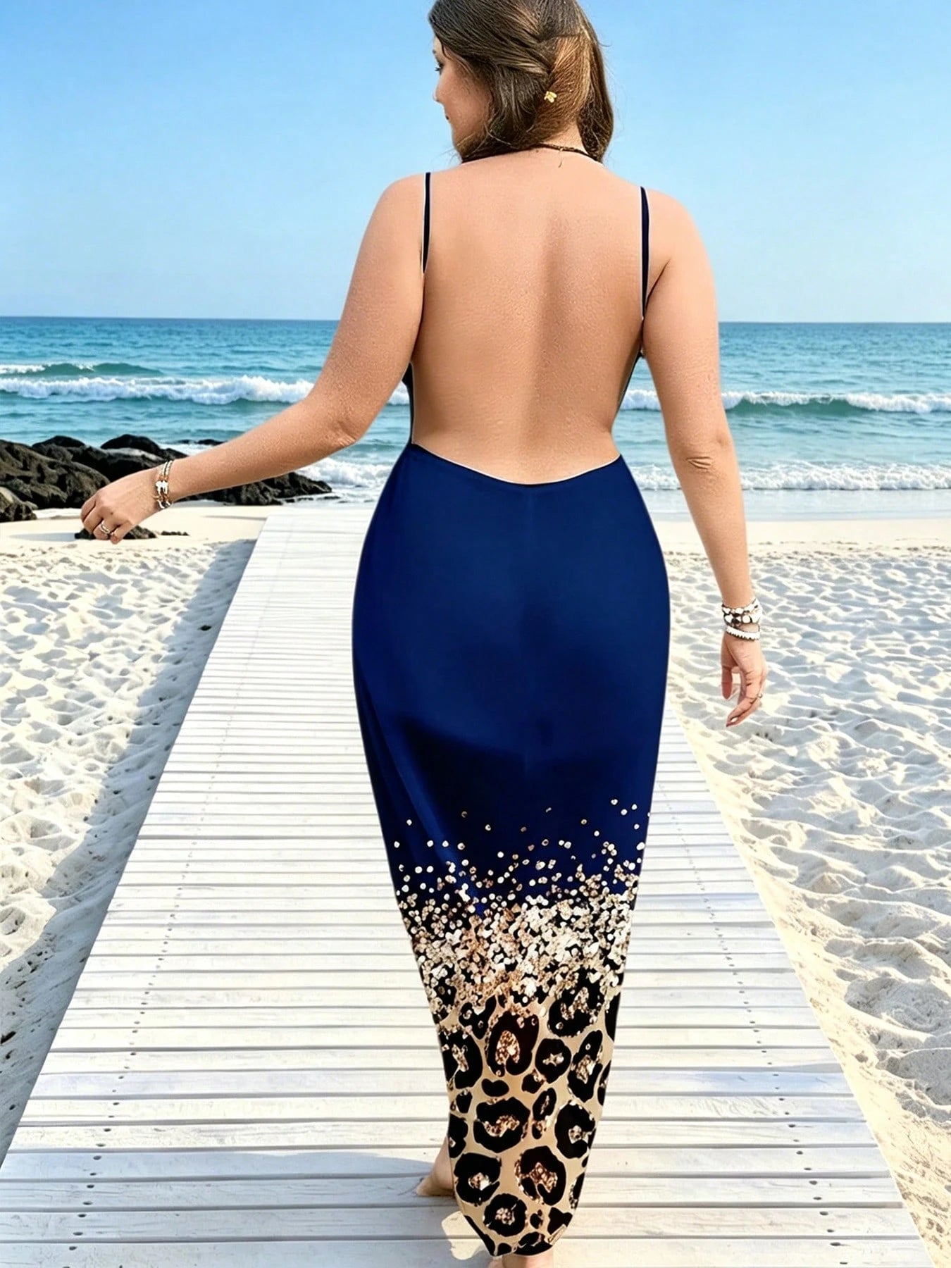 Plus Size Women's New Bohemian Style, Black & Gold Leopard Gradient Sequin Beach Cover-Up, Versatile Wear Summer Vacation