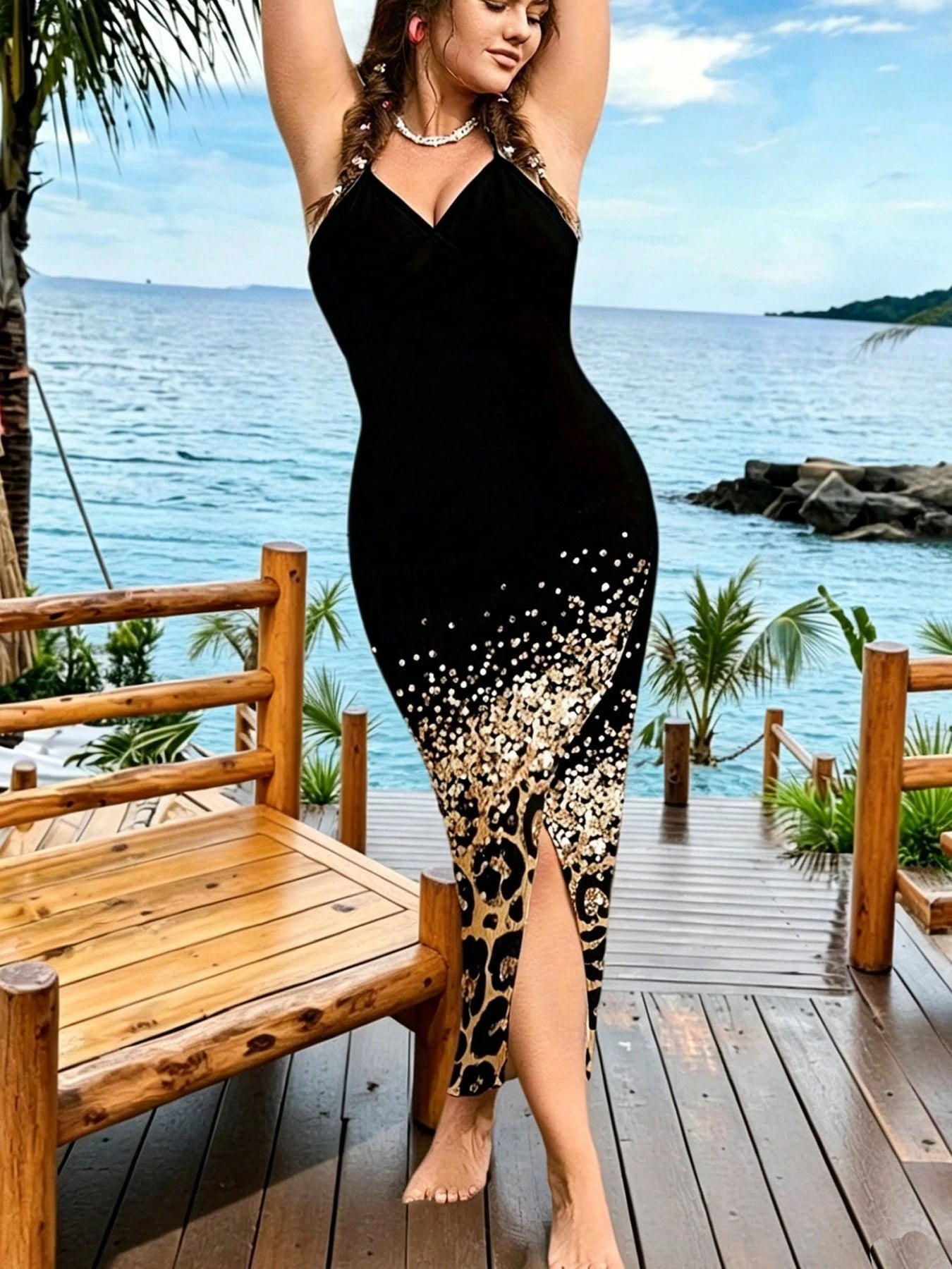 Plus Size Women's New Bohemian Style, Black & Gold Leopard Gradient Sequin Beach Cover-Up, Versatile Wear Summer Vacation