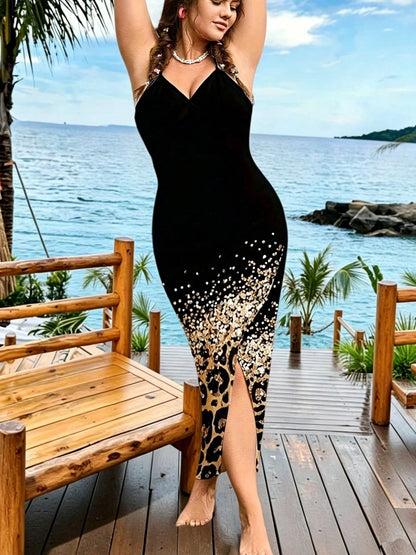 Plus Size Women's New Bohemian Style, Black & Gold Leopard Gradient Sequin Beach Cover-Up, Versatile Wear Summer Vacation
