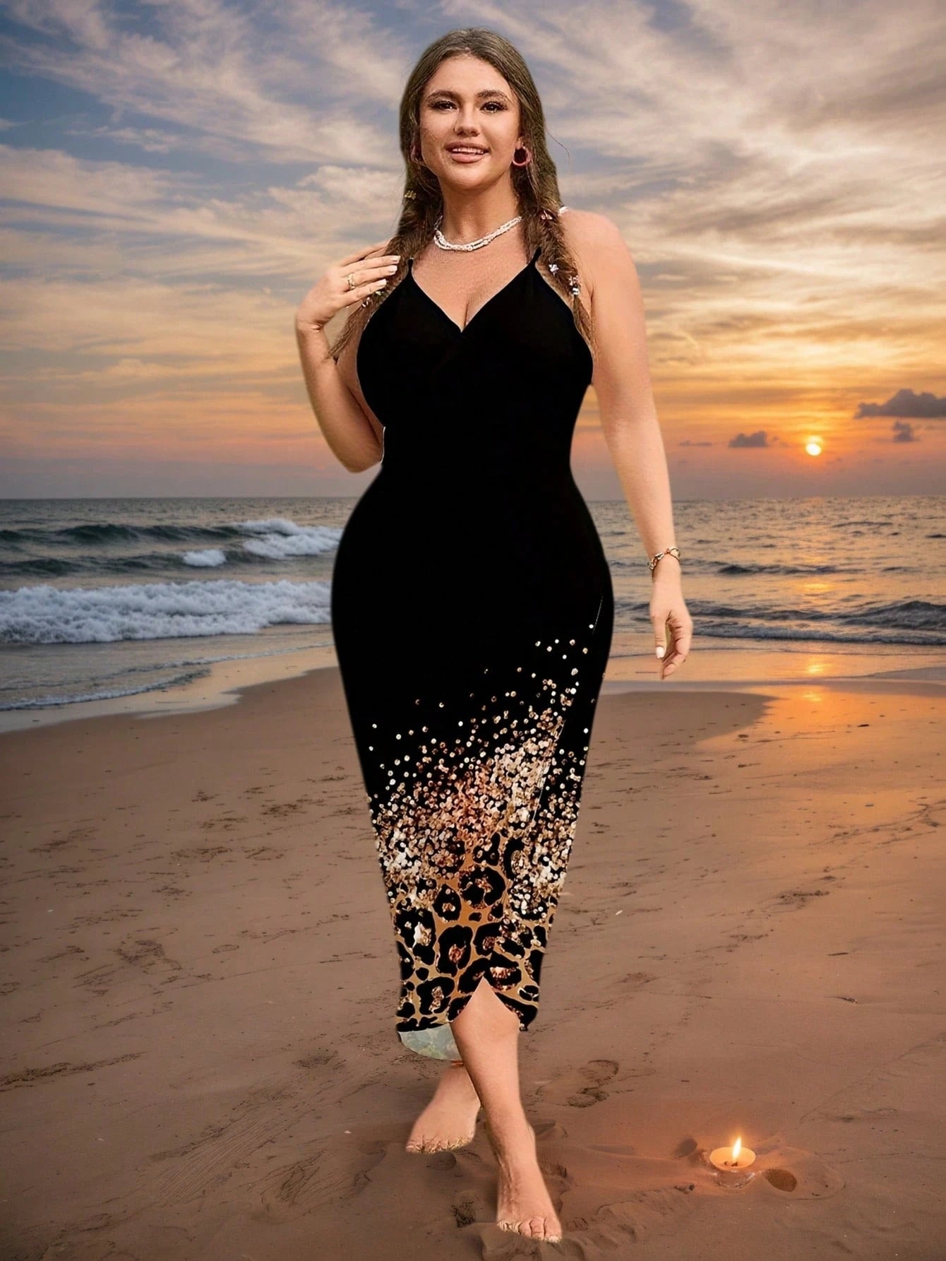 Plus Size Women's New Bohemian Style, Black & Gold Leopard Gradient Sequin Beach Cover-Up, Versatile Wear Summer Vacation