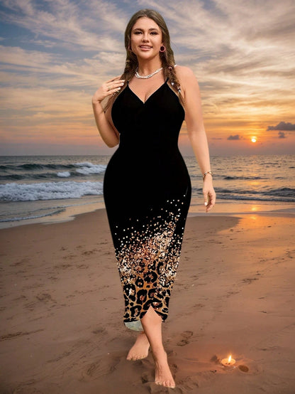 Plus Size Women's New Bohemian Style, Black & Gold Leopard Gradient Sequin Beach Cover-Up, Versatile Wear Summer Vacation