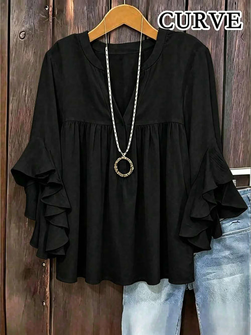 Plus Size Women's Solid Color Ruffle Sleeve V-Neck Blouse Black