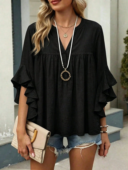 Plus Size Women's Solid Color Ruffle Sleeve V-Neck Blouse Black