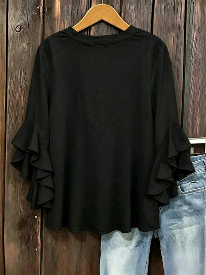 Plus Size Women's Solid Color Ruffle Sleeve V-Neck Blouse Black