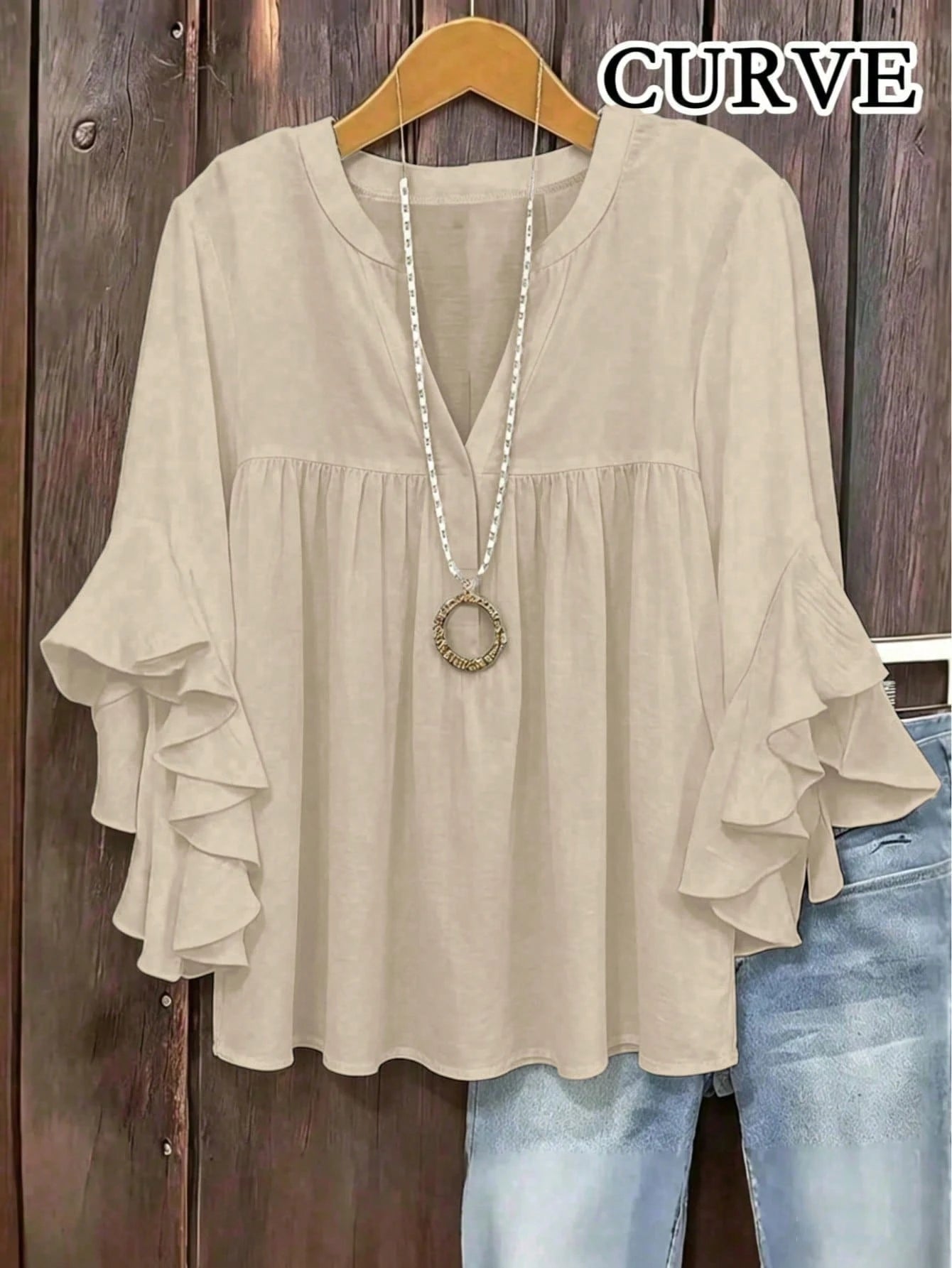 Plus Size Women's Solid Color Ruffle Sleeve V-Neck Blouse Black