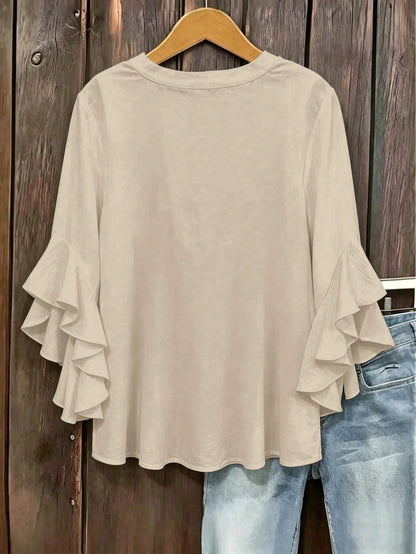 Plus Size Women's Solid Color Ruffle Sleeve V-Neck Blouse Black