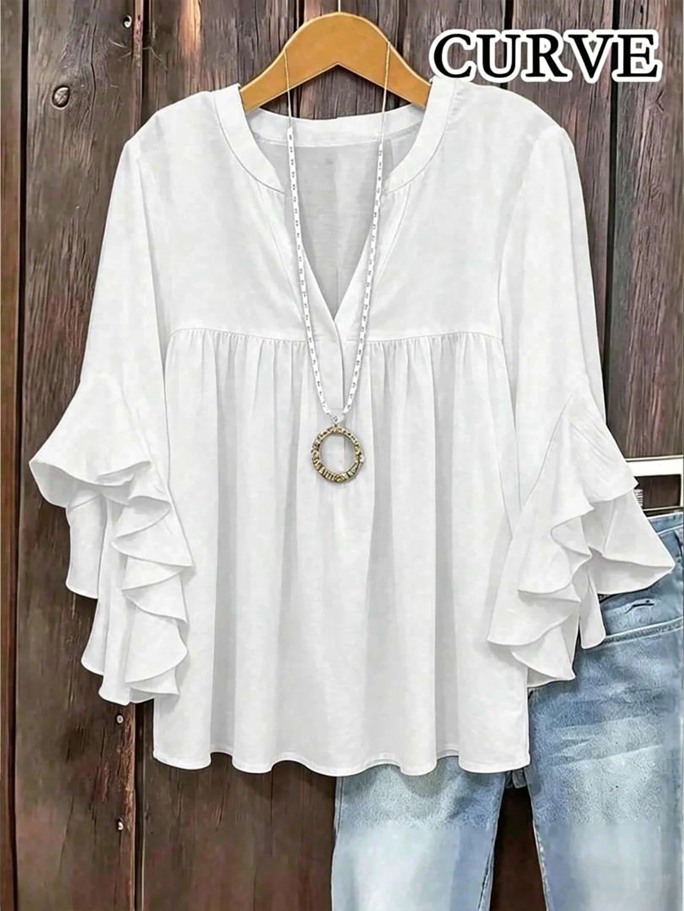 Plus Size Women's Solid Color Ruffle Sleeve V-Neck Blouse Black