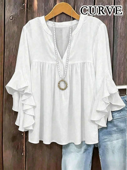 Plus Size Women's Solid Color Ruffle Sleeve V-Neck Blouse Black