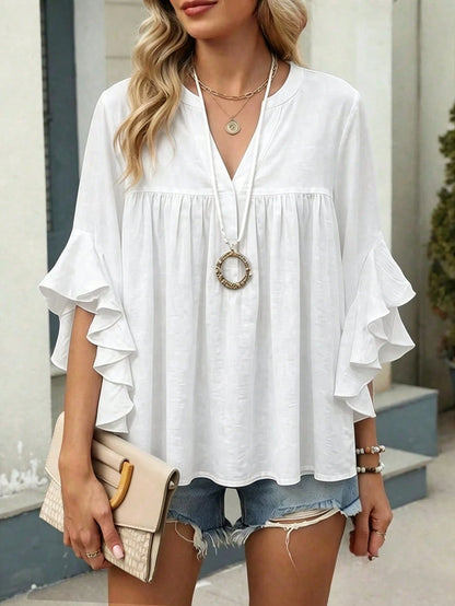 Plus Size Women's Solid Color Ruffle Sleeve V-Neck Blouse Black