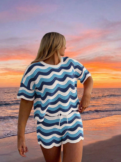 Plus Size Women's Spring European And American Fashion Hollow Crochet Knit Short Sleeve Top And Casual Shorts Two Pieces Set, Aesthetic Summer