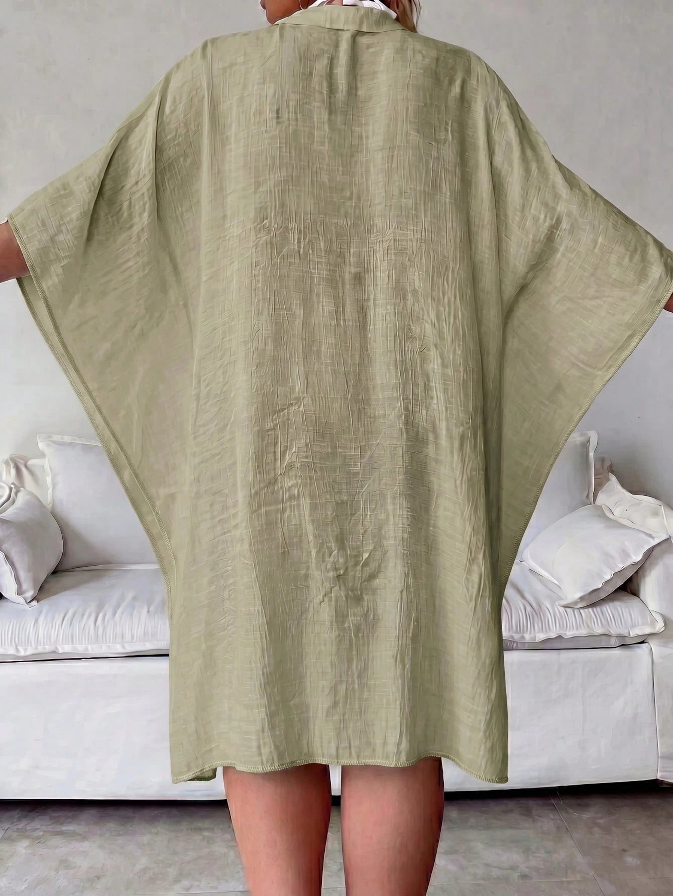 Plus Size Women's Summer Linen Color Batwing 3/4 Sleeve Shirt, Blouse, Single-Breasted Shirt, Solid Color Jacket, Comfortable Ultra-Thin Breathable; Party Dress, Women's Easter Blouse, Beach Holiday W