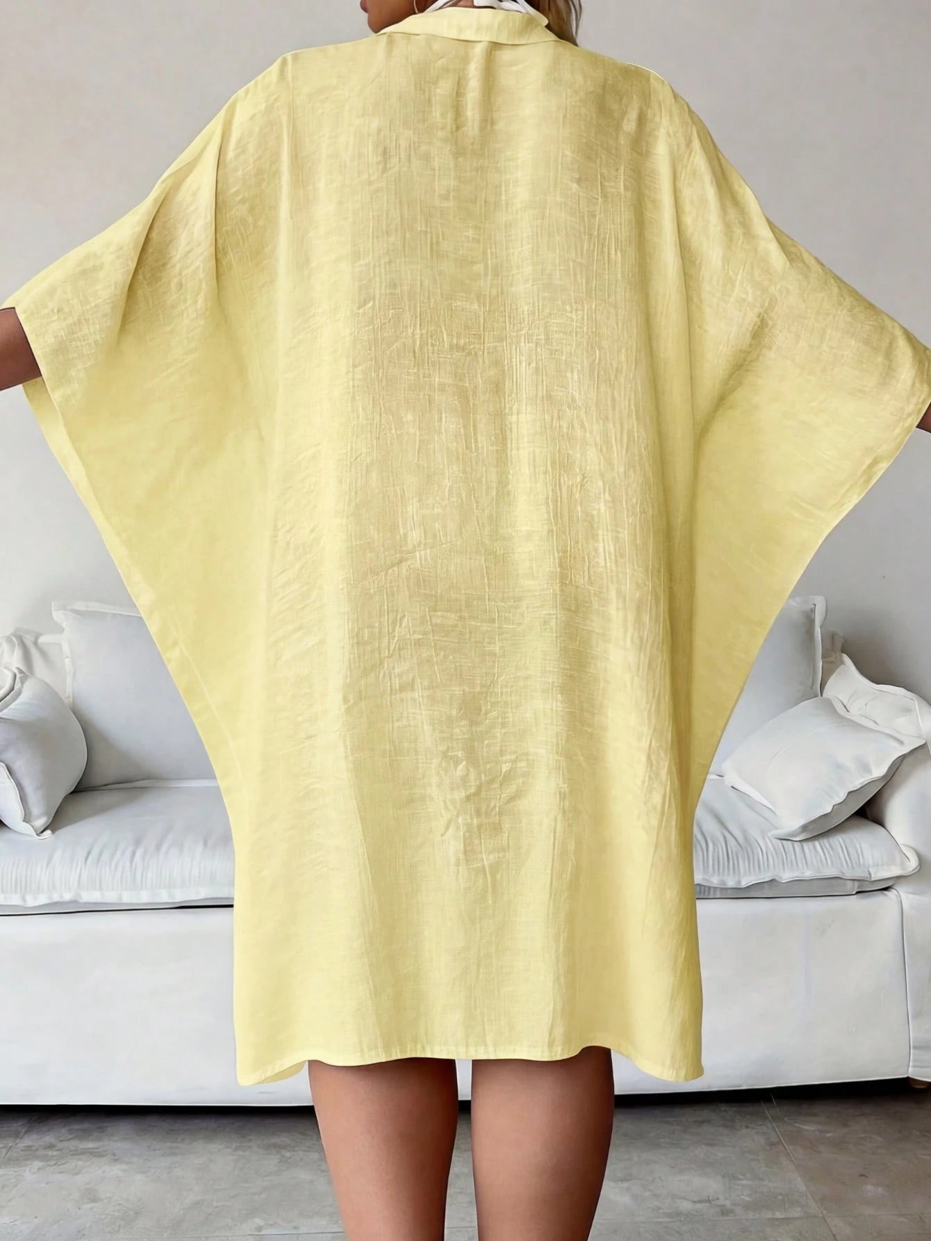 Plus Size Women's Summer Yellow Batwing Sleeve 3/4 Sleeve Blouse, Top, Single-Breasted Shirt, Solid Color Outerwear, Comfortable Ultra-Thin Breathable; Party Dress, Women's Easter Top, Beach Vacation