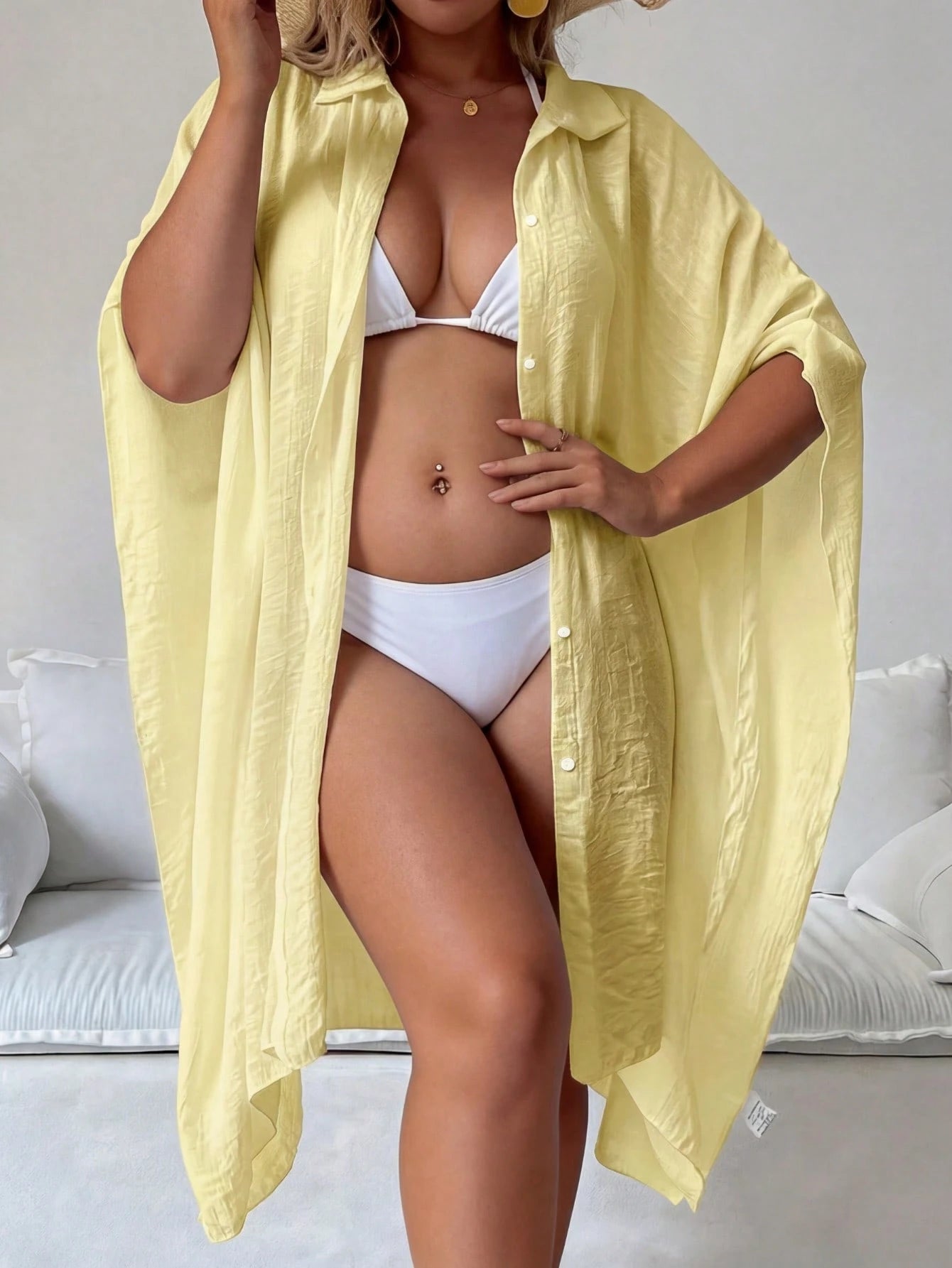 Plus Size Women's Summer Yellow Batwing Sleeve 3/4 Sleeve Blouse, Top, Single-Breasted Shirt, Solid Color Outerwear, Comfortable Ultra-Thin Breathable; Party Dress, Women's Easter Top, Beach Vacation