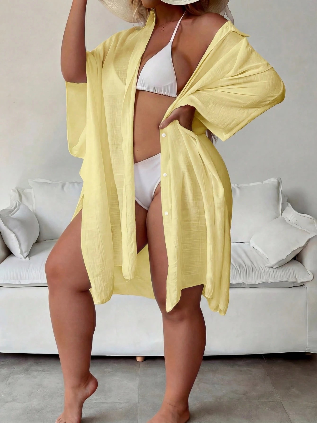 Plus Size Women's Summer Yellow Batwing Sleeve 3/4 Sleeve Blouse, Top, Single-Breasted Shirt, Solid Color Outerwear, Comfortable Ultra-Thin Breathable; Party Dress, Women's Easter Top, Beach Vacation