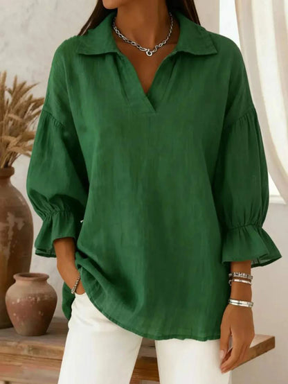Plus Size Women Solid Color Collar Puff Sleeve Top