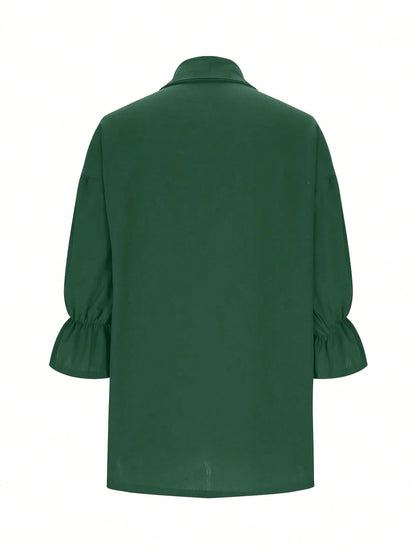 Plus Size Women Solid Color Collar Puff Sleeve Top