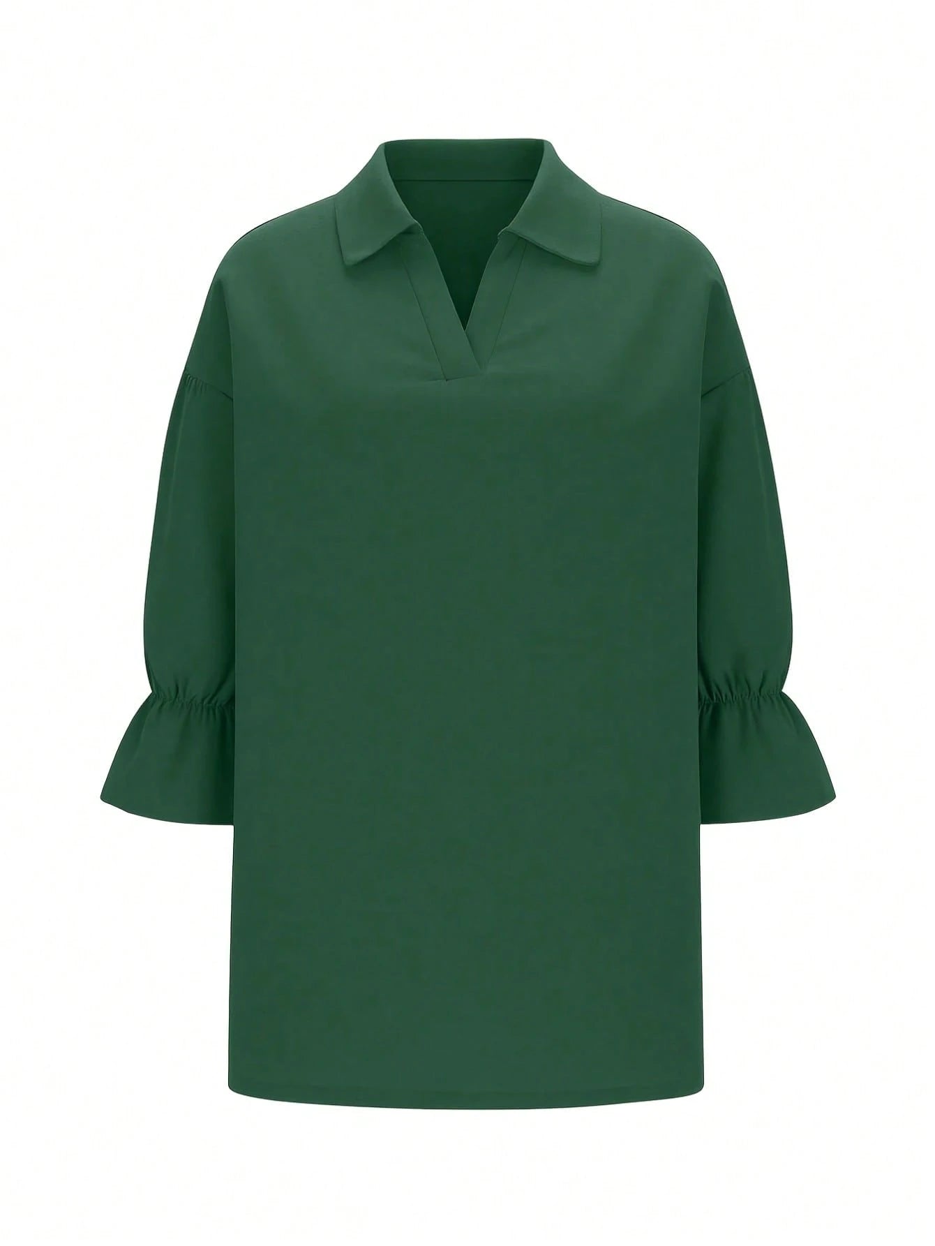 Plus Size Women Solid Color Collar Puff Sleeve Top