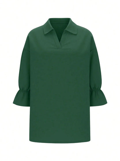 Plus Size Women Solid Color Collar Puff Sleeve Top