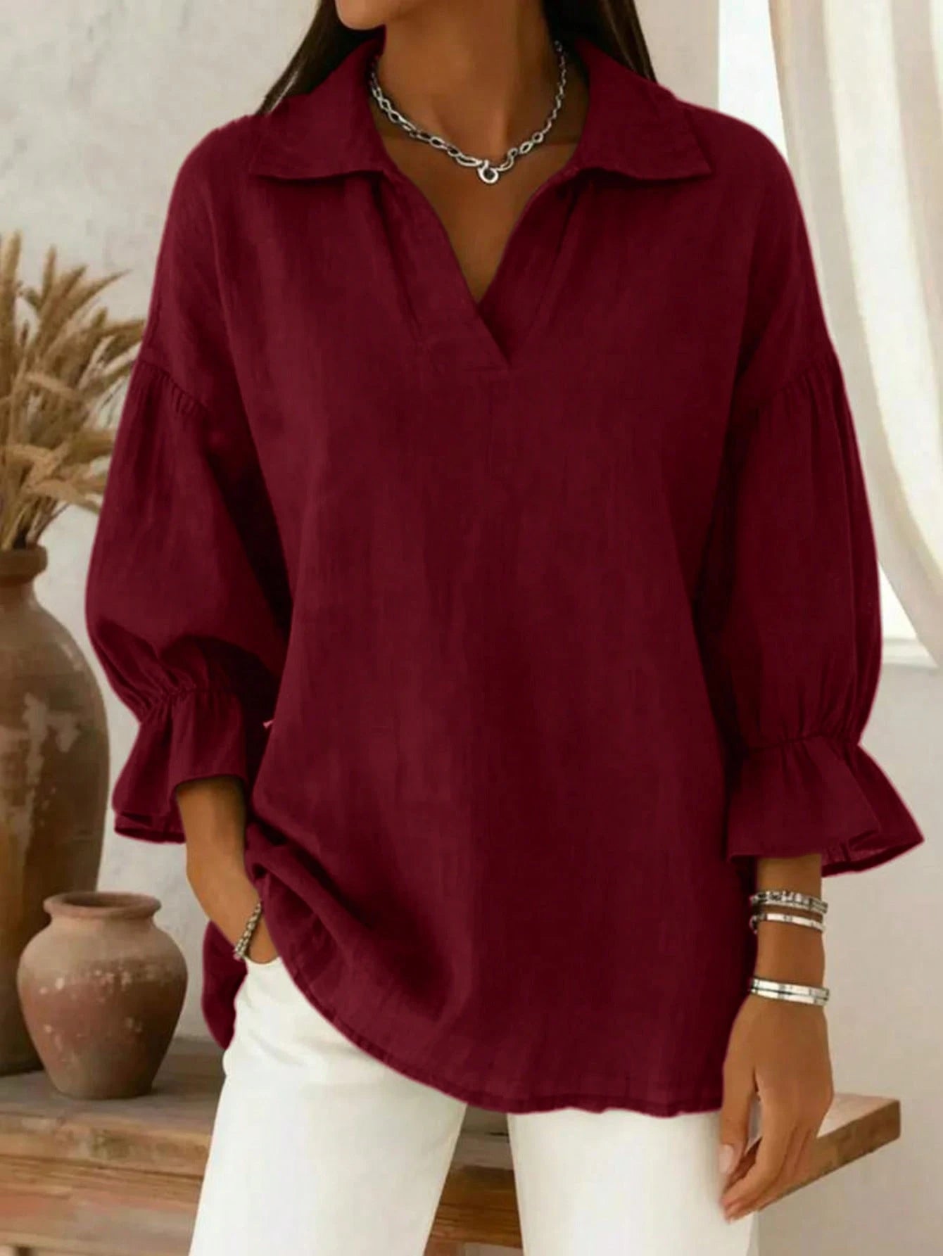 Plus Size Women Solid Color Collar Puff Sleeve Top