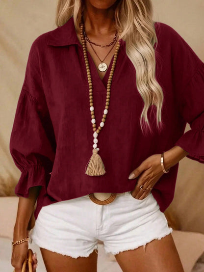 Plus Size Women Solid Color Collar Puff Sleeve Top