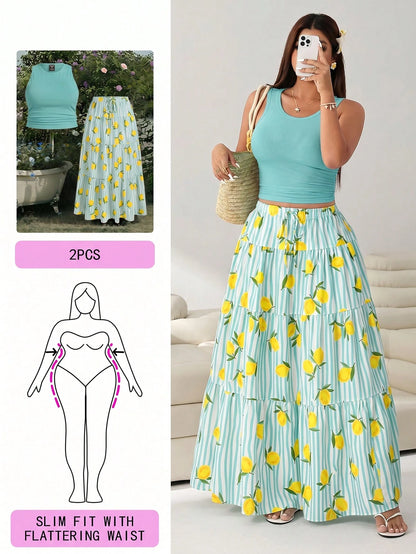 Plus Size Women Solid Color Round Neck Tank Top And Lemon Striped Print Maxi Skirt 2 Pieces Set