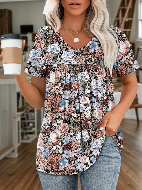 Plus Size Women V-Neck Casual Short Sleeve Printed T-Shirt, Suitable For Vacation Summer