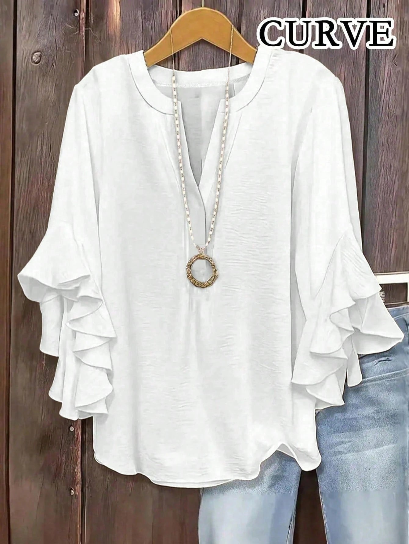 Plus Size Women V-Neck Ruffle Sleeve Blouse White Spring