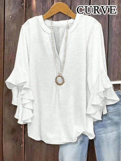 Plus Size Women V-Neck Ruffle Sleeve Blouse White Spring