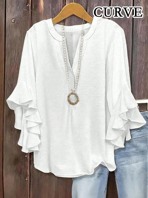 Plus Size Women V-Neck Ruffle Sleeve Blouse White Spring