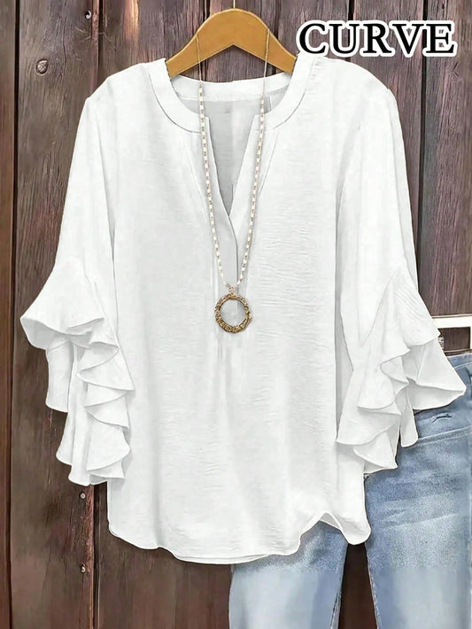 Plus Size Women V-Neck Ruffle Sleeve Blouse White Spring