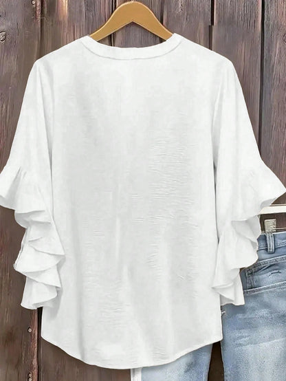 Plus Size Women V-Neck Ruffle Sleeve Blouse White Spring