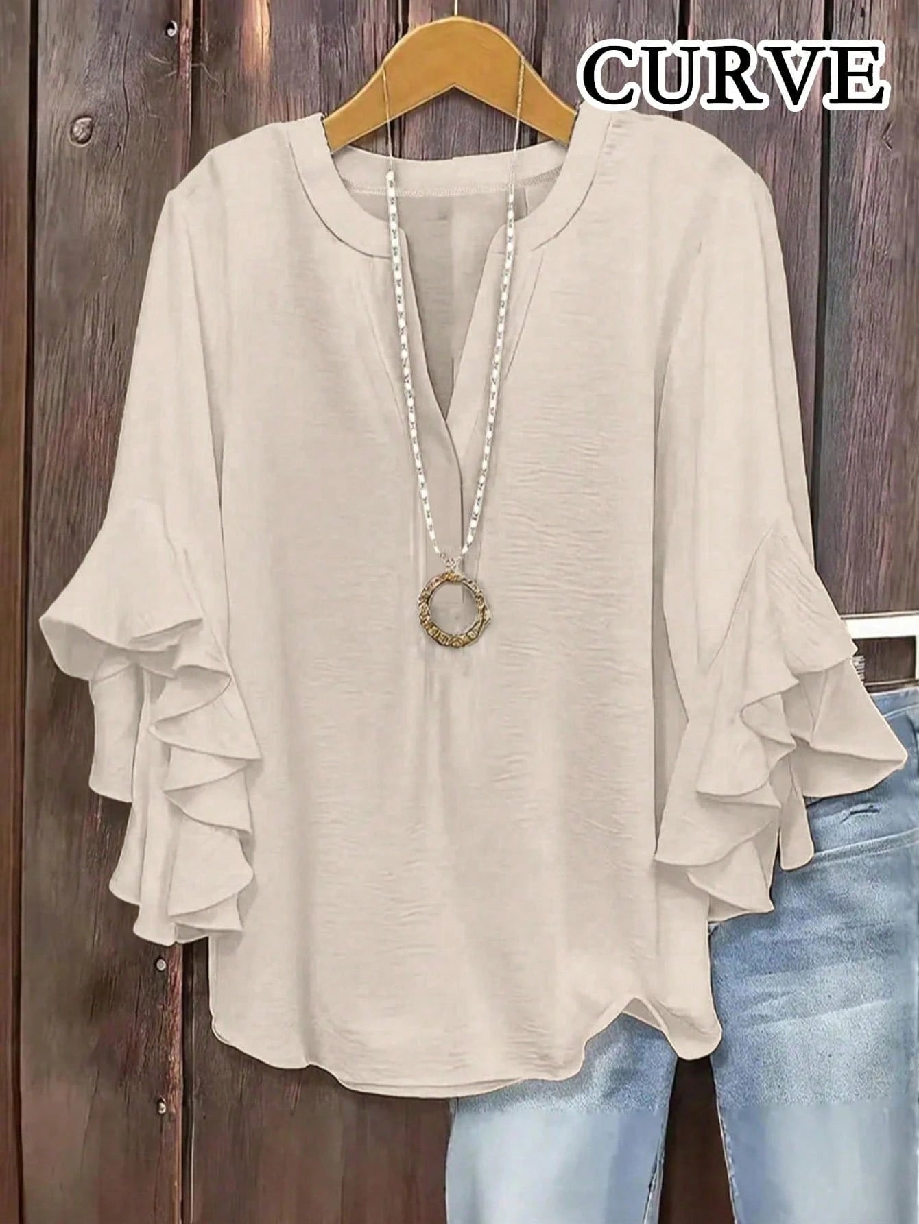 Plus Size Women V-Neck Ruffle Sleeve Blouse White Spring
