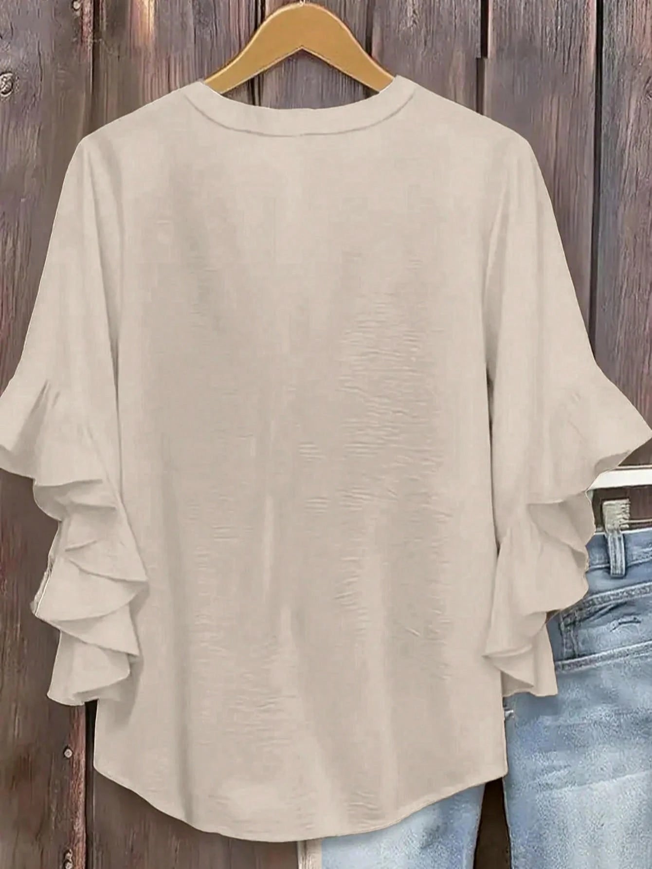 Plus Size Women V-Neck Ruffle Sleeve Blouse White Spring