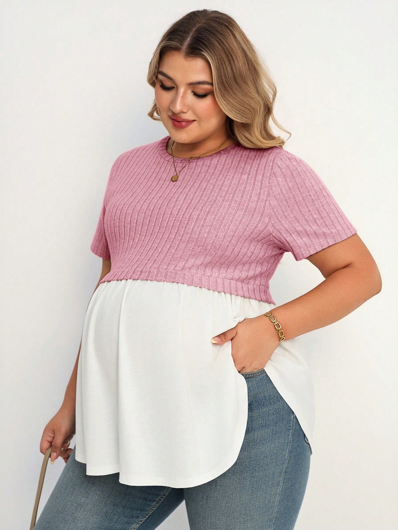 Plussiva Plus Size Maternity Comfortable Home Spliced Dual Material Dual Color Round Neck Short Sleeve Casual T-Shirt Gender Reveal Mom To Be Summer