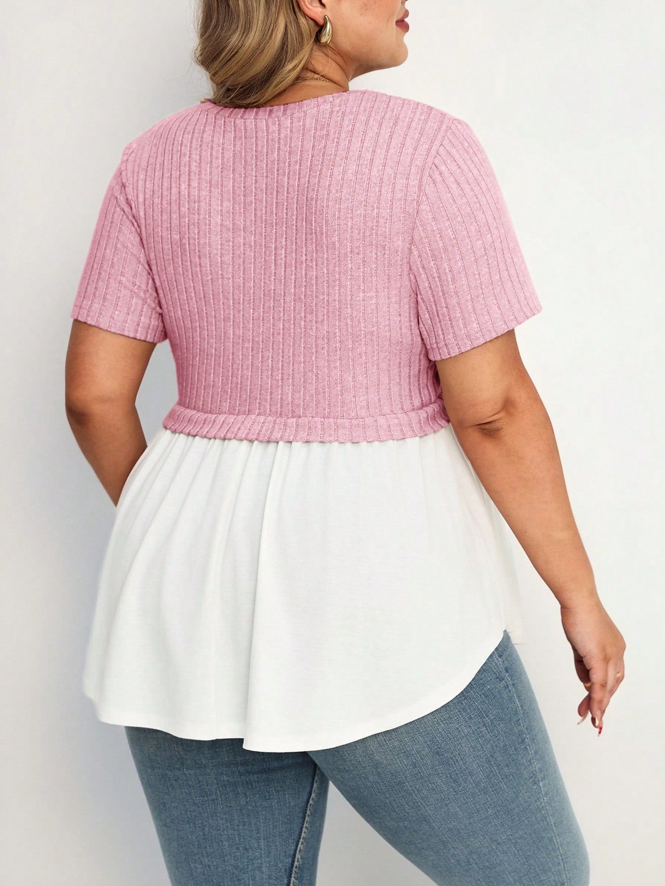 Plussiva Plus Size Maternity Comfortable Home Spliced Dual Material Dual Color Round Neck Short Sleeve Casual T-Shirt Gender Reveal Mom To Be Summer