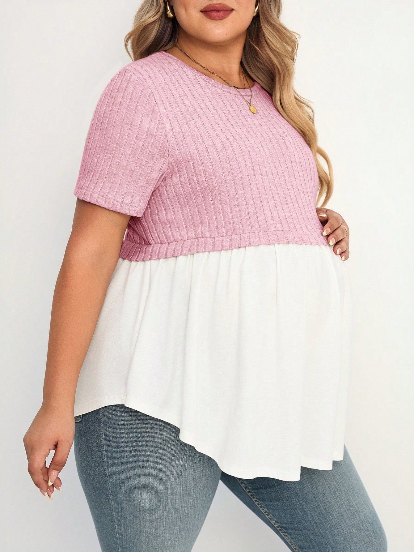 Plussiva Plus Size Maternity Comfortable Home Spliced Dual Material Dual Color Round Neck Short Sleeve Casual T-Shirt Gender Reveal Mom To Be Summer
