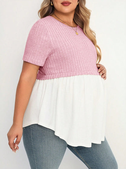 Plussiva Plus Size Maternity Comfortable Home Spliced Dual Material Dual Color Round Neck Short Sleeve Casual T-Shirt Gender Reveal Mom To Be Summer