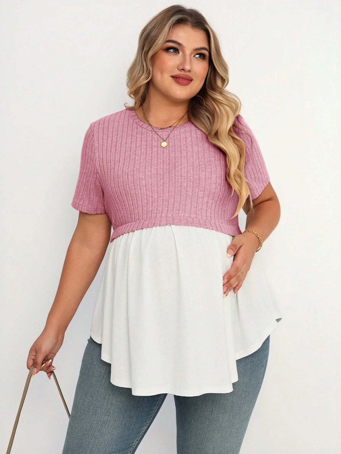 Plussiva Plus Size Maternity Comfortable Home Spliced Dual Material Dual Color Round Neck Short Sleeve Casual T-Shirt Gender Reveal Mom To Be Summer