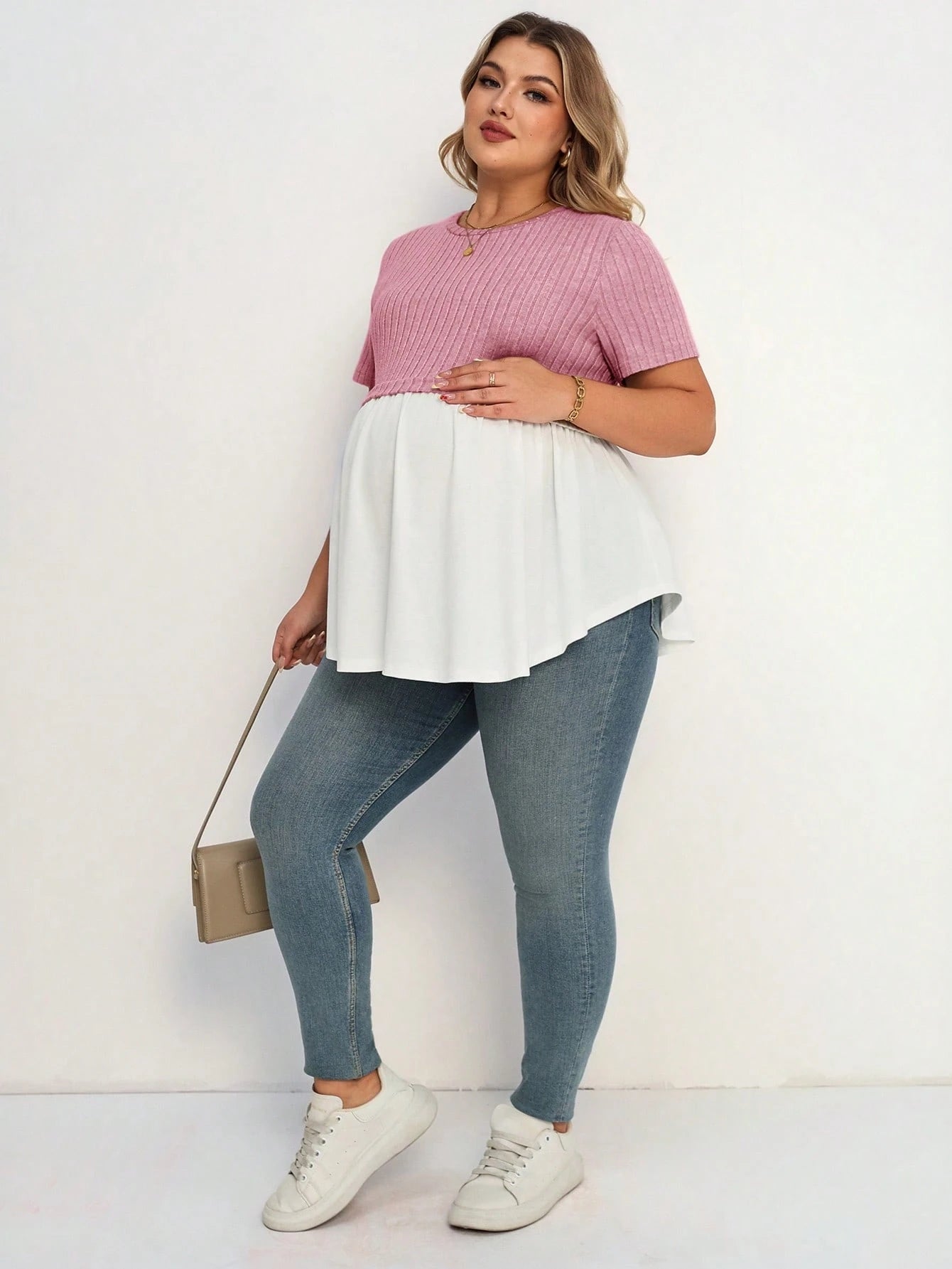 Plussiva Plus Size Maternity Comfortable Home Spliced Dual Material Dual Color Round Neck Short Sleeve Casual T-Shirt Gender Reveal Mom To Be Summer