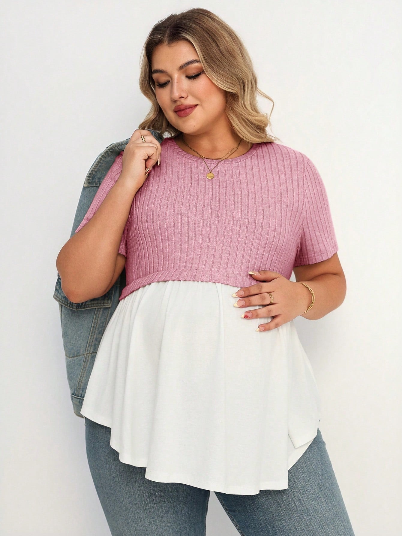 Plussiva Plus Size Maternity Comfortable Home Spliced Dual Material Dual Color Round Neck Short Sleeve Casual T-Shirt Gender Reveal Mom To Be Summer