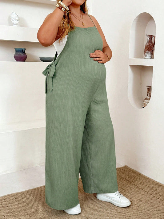 Plussiva Plus Size Maternity Square Neck Tie Strap Solid Color Jumpsuit