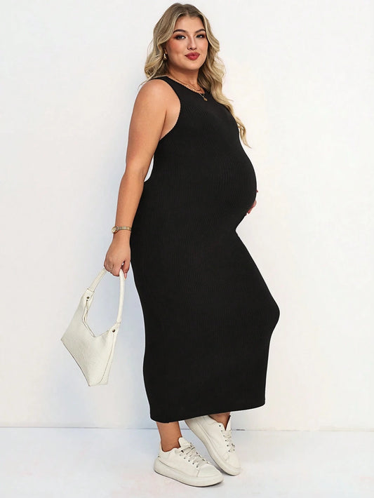 Plussiva Plus Size Pregnant Women's Casual Solid Color Sleeveless Fitted Dress, Summer
