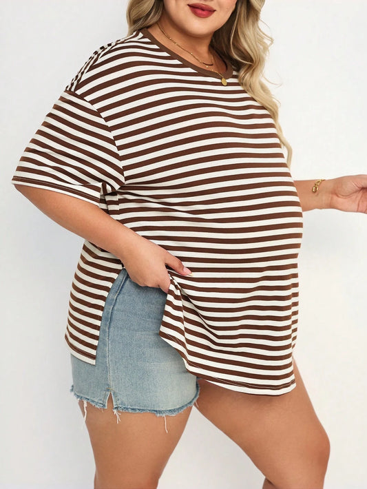 Plussiva Plus Size Pregnant Women Striped Round Neck Short Sleeve Casual Top