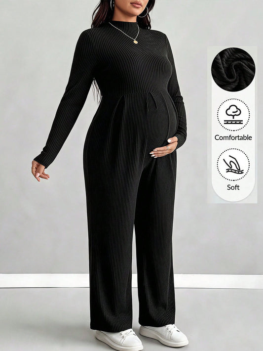 Plussiva Plus Size Solid Color Long Sleeve Maternity Jumpsuit Fall