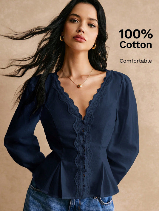 Poéselle Cotton Elegant Lace Trimmed Waist Button Detail Shirt, Long Sleeve Top, For Everyday Work Outing Effortless Chic Essential, FW24, Fall Womenswear